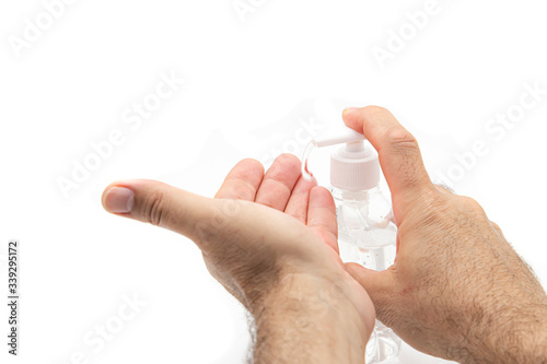Hydroalcoholic gel with hands for deep medical cleaning photo