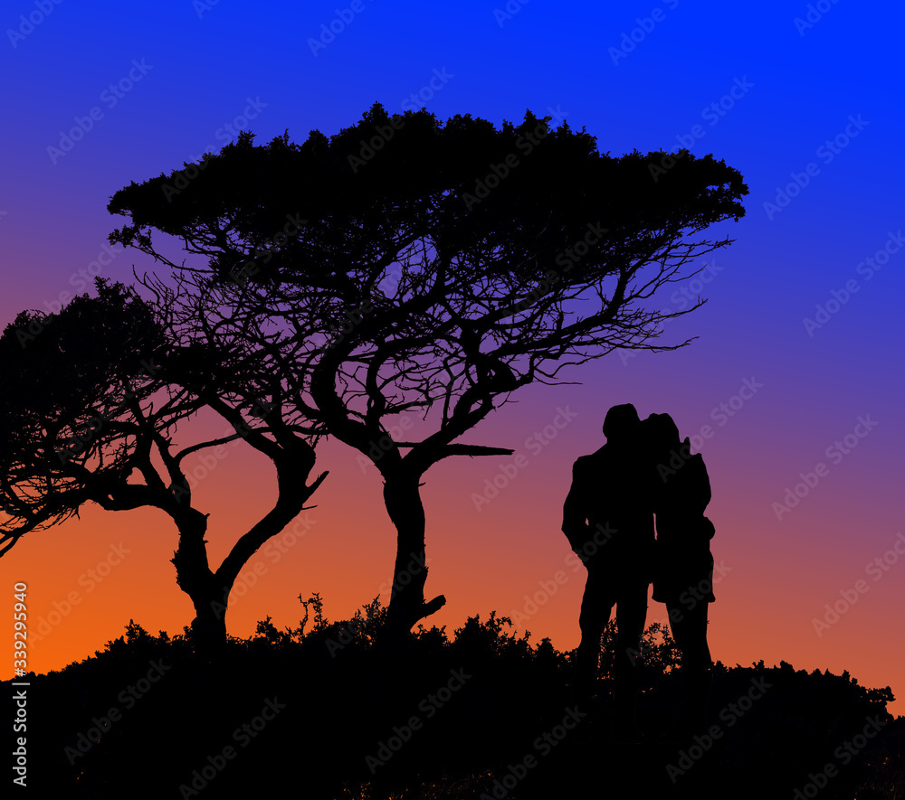  A man and a woman stand embracing against the sunset