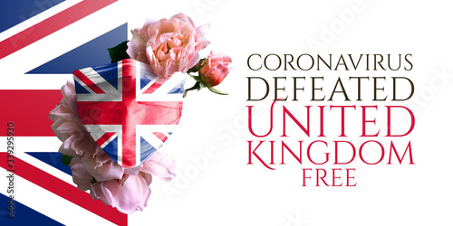 Coronavirus is defeated in UK, destroyed. Victory over the coronavirus. The country defeated the virus. Flag of the country. Baner with Flag and mask (ID: 339295930)