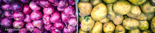 Panoramic top view pile of fresh white potatoes and red shallot onions at farmer market in Singapore