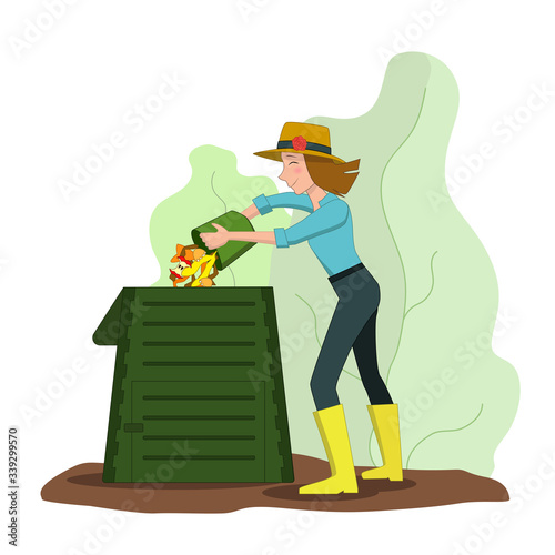 A young woman throws organic debris into a composter in the garden. People gardening and zero waste concept vector illustration.