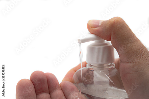 Hydroalcoholic gel with hands for deep medical cleaning photo