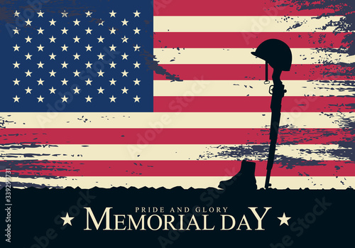 Memorial day with, vector image, poster and banner for the holiday and sales day. American flag on the background of a wooden board with the inscription.
