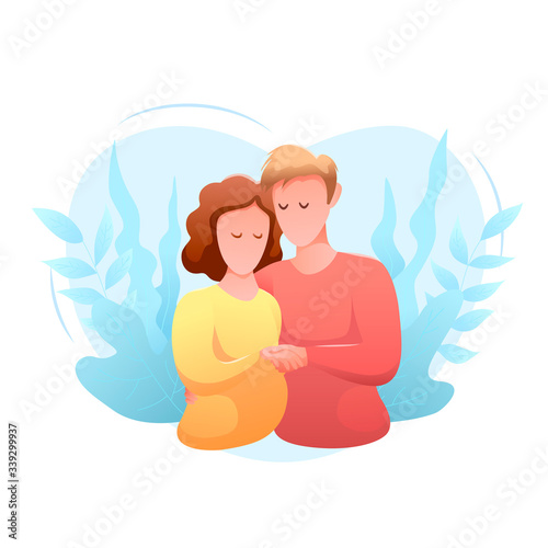 Family day flat design isolated banner. Happy young man and woman hug each other. Tender relationships against the background of plants. Mothers day. Romantic modern vector illustration.