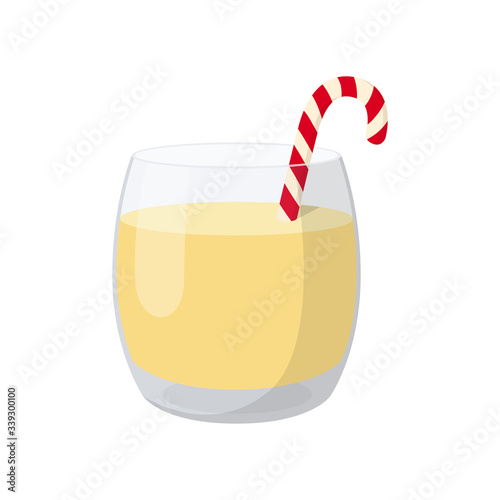 Traditional Christmas beverage eggnog in glass glass with candy cane. Vector illustration on transparent background