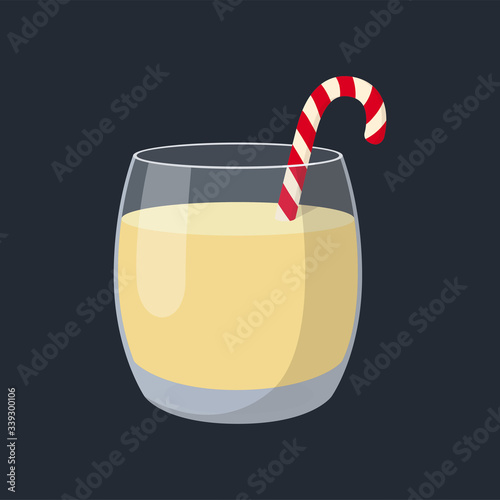 Traditional Christmas beverage eggnog in glass glass with candy cane. Vector illustration on dark-blue background
