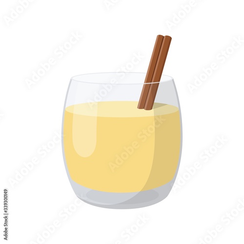 Traditional Christmas beverage eggnog in glass glass with cinnamon stick. Vector illustration on transparent background