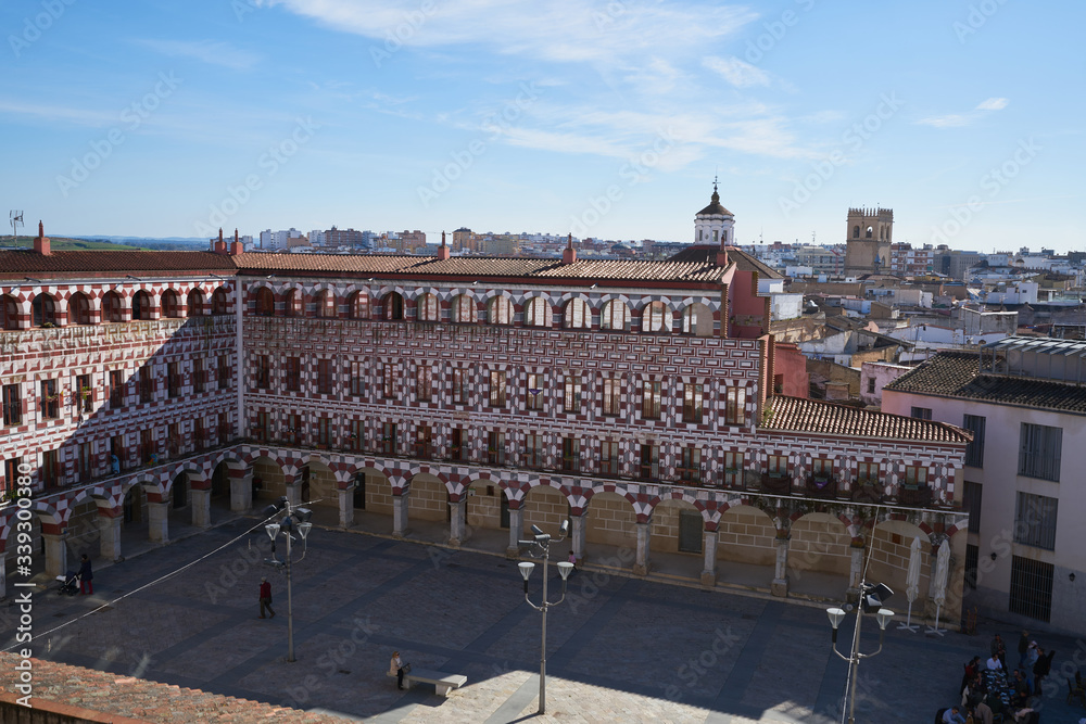 Fototapeta premium Plaza Alta red and white buildings in Badajoz, Spain