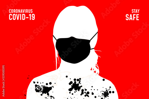 Coronavirus banner with girl silhouette in medical mask - global pandemic concept. Coronavirus 2019-nCoV background. Virus covid19 infection. Wallpaper. Quarantine illustration. (ID: 339300395)