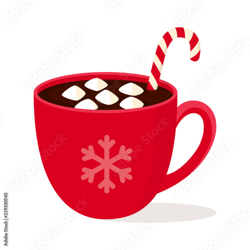 Hot chocolate with Christmas Candy Cane and marshmallow in red Cup with snowflake isolated on white background