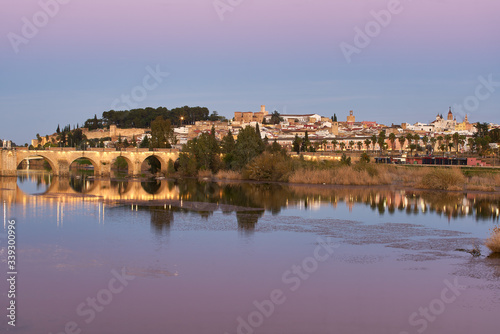 Badajoz city at sunset with river Guadiana in Spain