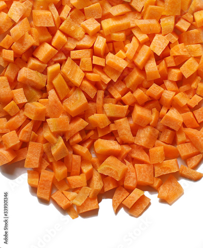 Sliced carrots on a white background