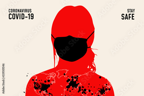 Coronavirus banner with girl silhouette in medical mask - global pandemic concept. Coronavirus 2019-nCoV background. Virus covid19 infection. Wallpaper.  (ID: 339301546)