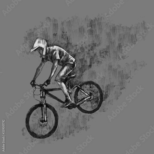 A cyclist in a helmet on a downhill bike. Watercolor and pencil color illustration on a dark gray background.