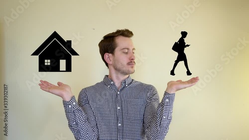 the man asks you to stay home.A coronavirus pandemic can kill. he points with his hands at house on one side street on the other, and he's wearing a checkered shirt with blue eyes.virus is dangerous