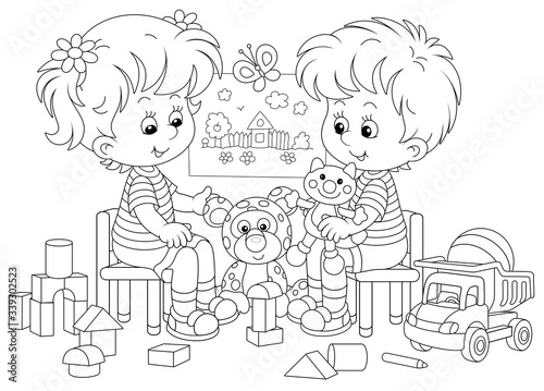 Cheerful small children playing with their funny toys in a nursery room, black and white outlined vector cartoon illustration for a coloring book page