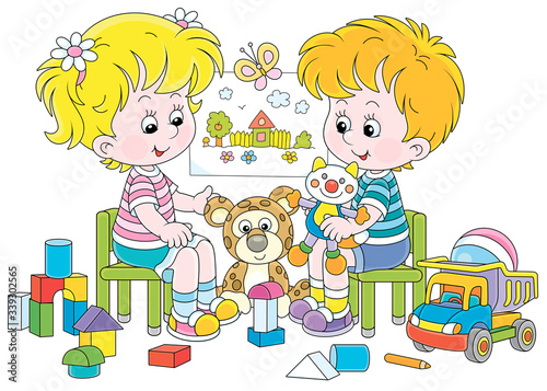 Cheerful small children playing with their funny colorful toys in a nursery room, vector cartoon illustration on a white background