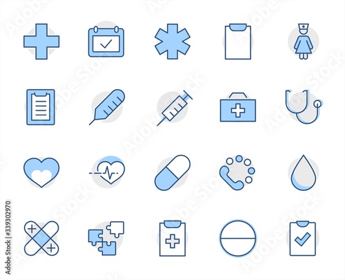 Set of Medicine vector line icons. It contains the first aid kit, nurse, syringe, thermometer, plastic, pills, heart, drop of blood, palpitation and much more. Editable Stroke. 32x32 pixels.