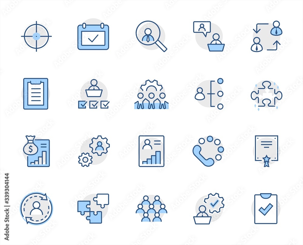 Set of People Management Related Vector Line Icons. Contains such Icons as Target, Puzzle, Certificate, Personal data processing, Task Manager, Qualification, Head Hunting and more. Editable Stroke