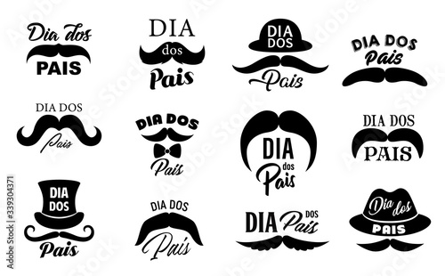 Dia dos pais Fathers day holiday vector icons, isolated monochrome set. Hipster mustache, lettering and hats. Male member or parent congratulation, fatherhood holiday celebration, daddy greetings