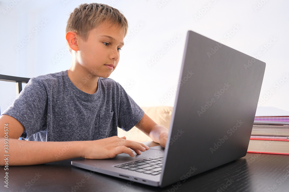 Preteen boy using laptop computer at home. Technology, online learning, distance education, home studying, homework, educational games for kids Preteen boy using laptop computer at home. Technology, online learning, distance education, home studying, homework, educational games for kids