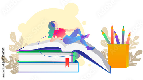 Flat-design girl on the books. Audiobooks Flat-design. Woman listening to an audiobook Vector. Cartoon. Isolated art on white background.