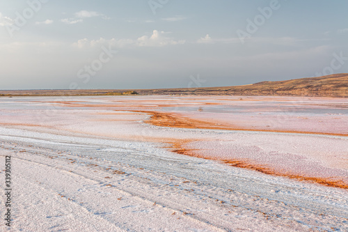 Pink salt lake Koyash, cape Opuk Kerch Crimea. Natural salt lake. photo