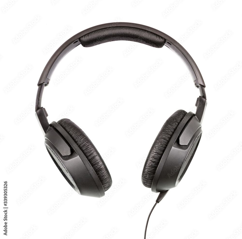 Headphones Isolated on White Background. Black High-quality headphone close up. Headphones Isolated on White Background. Black High-quality headphone close up.