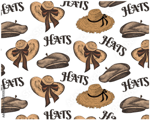 Sketch hand drawn pattern with colorful women's hat and text hat's isolated on white background. Retro, vintage style. Engraving, line art, ink painting wallpaper. Vector illustration. Shop wrapping