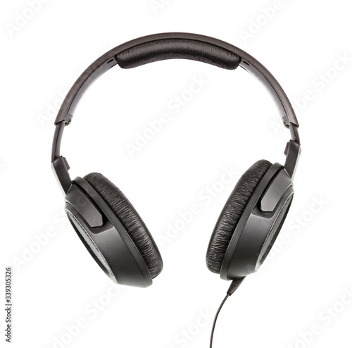 Headphones Isolated on White Background. Black High-quality headphone close up.
