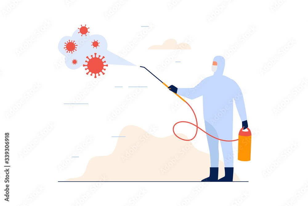Man in chemical protection suit disinfects space from bacteria and viruses. Global epidemic of COVID-19. Infection prevention and control by medical professionals. Protection against contagion.