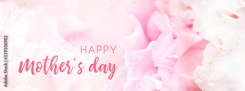 Banner for website with closeup view of pink eustoma flower. Happy Mother's Day.