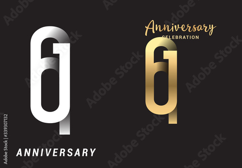 61 years anniversary celebration logo design. Anniversary logo Paper cut letter and elegance golden color isolated on black background