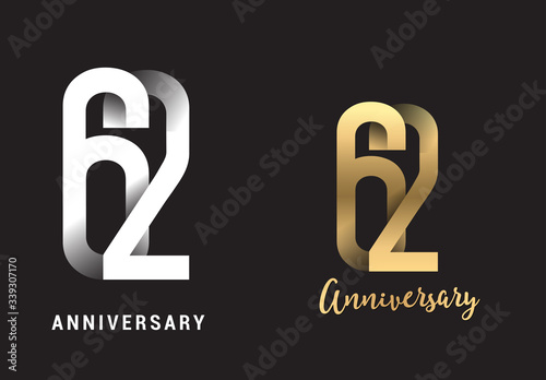 62 years anniversary celebration logo design. Anniversary logo Paper cut letter and elegance golden color isolated on black background