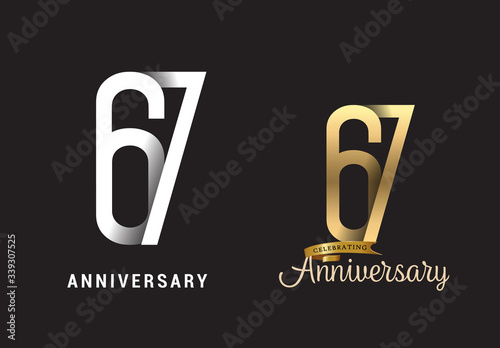 67 years anniversary celebration logo design. Anniversary logo Paper cut letter and elegance golden color isolated on black background