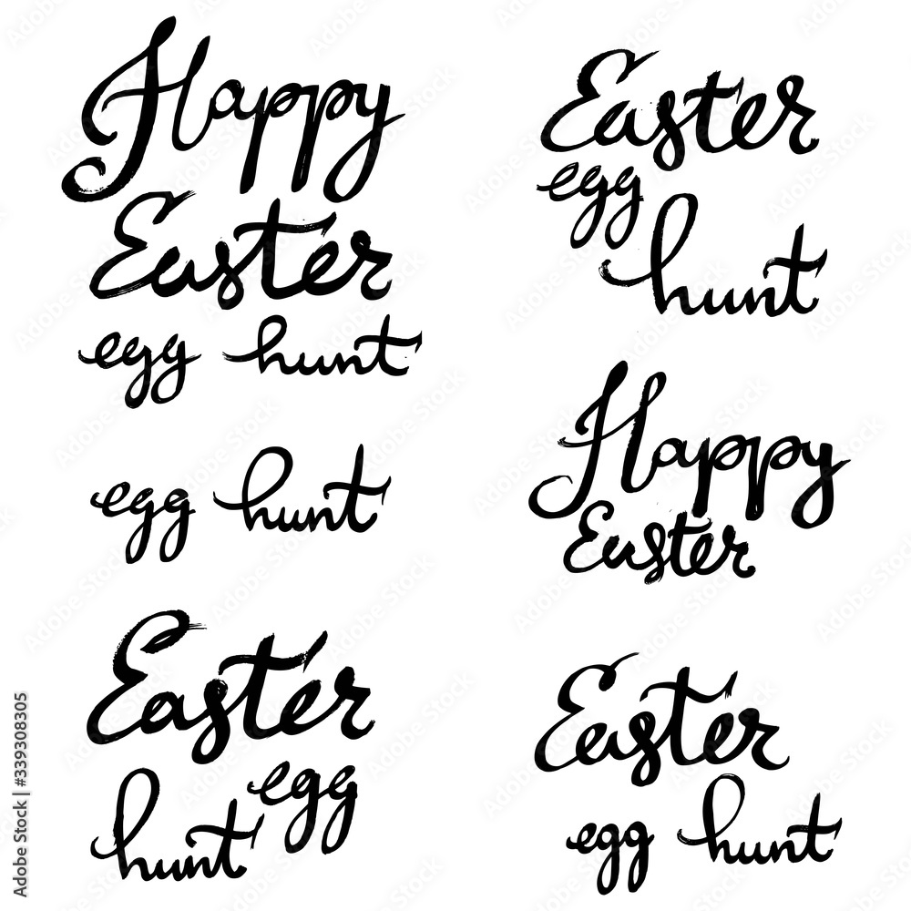 Happy Easter egg hunt strokes lettering written in thick black paint isolated on a white background