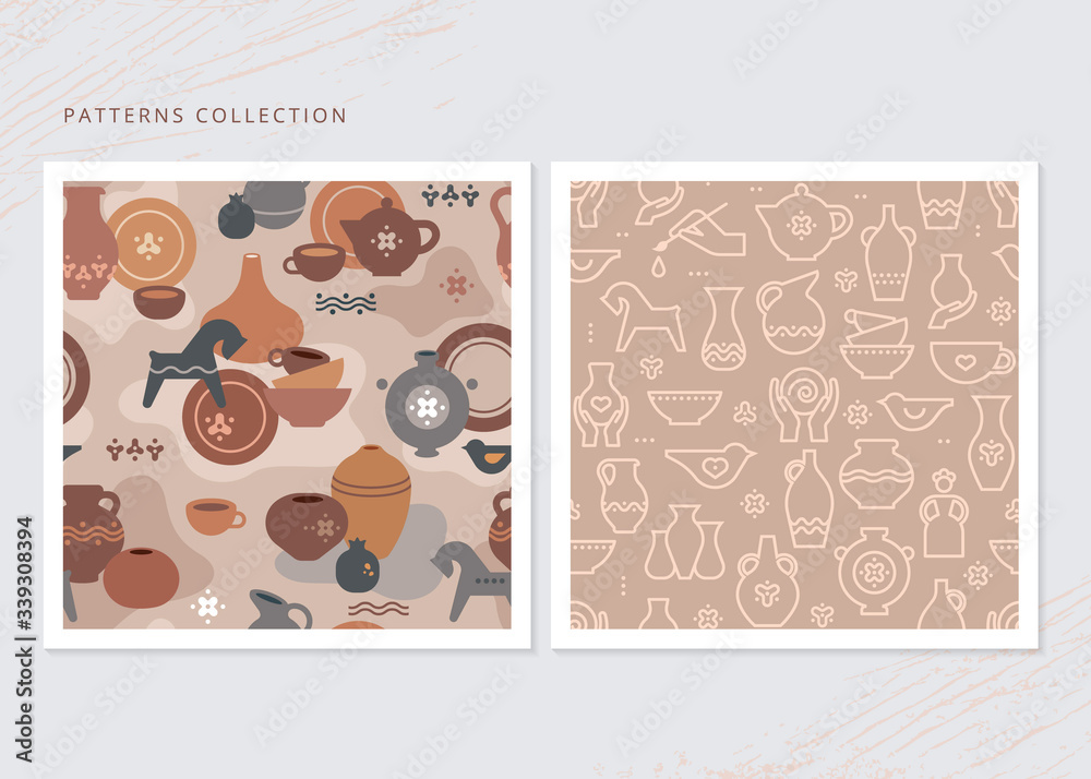 A collection of seamless patterns for a pottery shop, a workshop or a pottery workshop