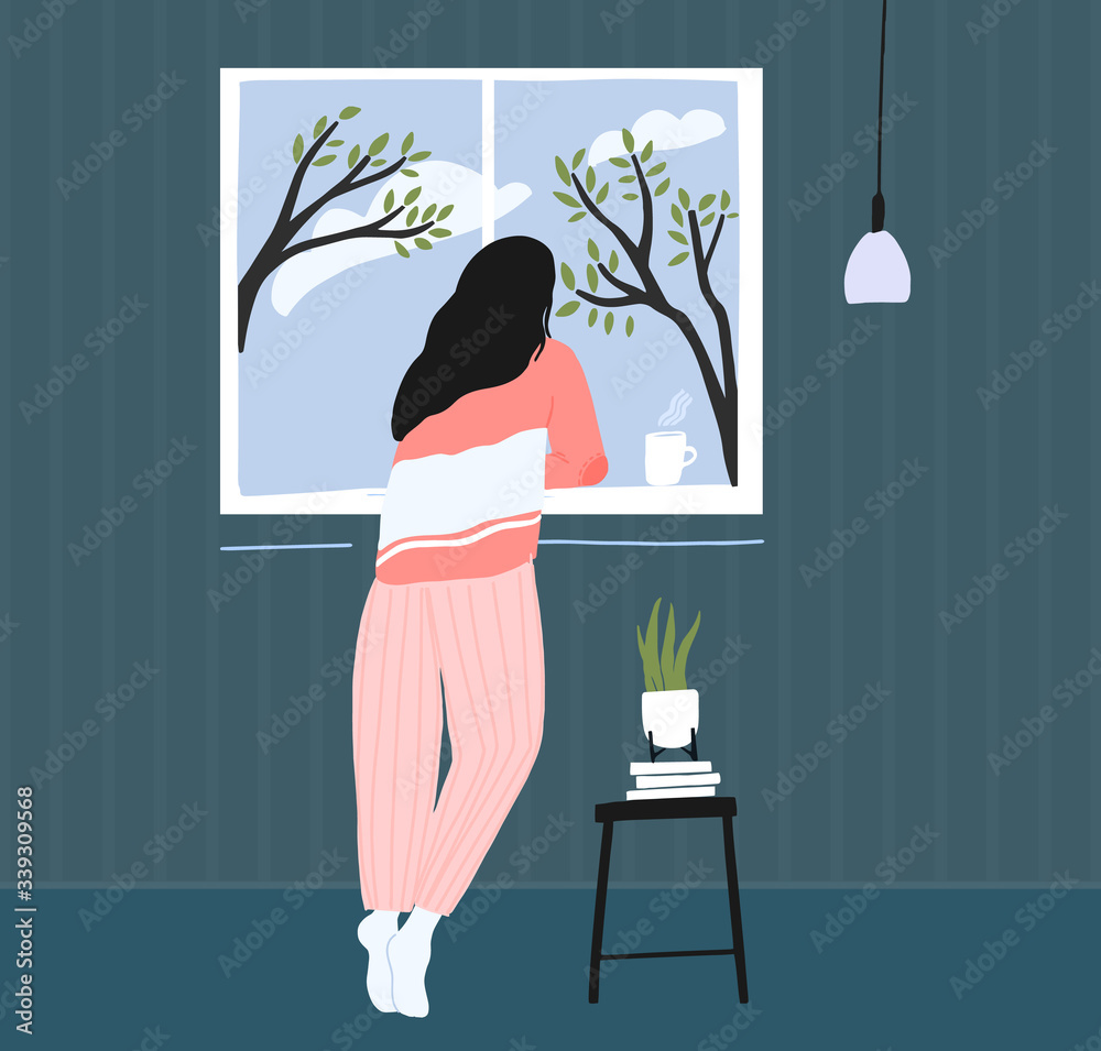 Young woman at home longing at window. Spring landscape outside, blue sky with clouds and trees. Cozy pink pajama. Self isolation concept illustration. - obrazy, fototapety, plakaty 