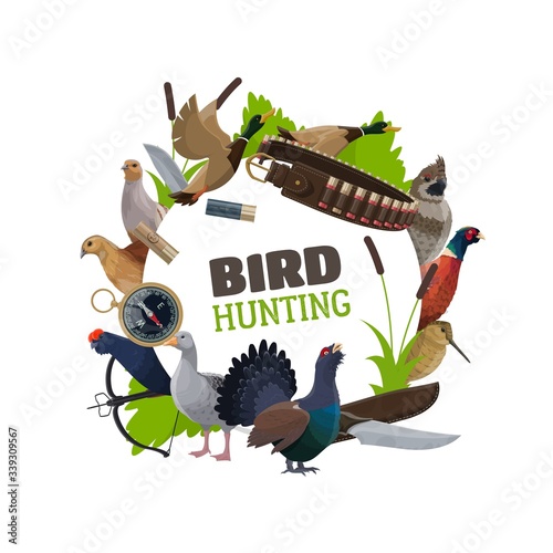 Tablou canvas Wildfowl birds hunting open season and hunter ammunition vector poster