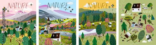 Nature. Vector illustration of a summer and spring landscape, mountains, trees, forest, houses and a village. Drawing of a European village and a village for a poster, background or postcard
