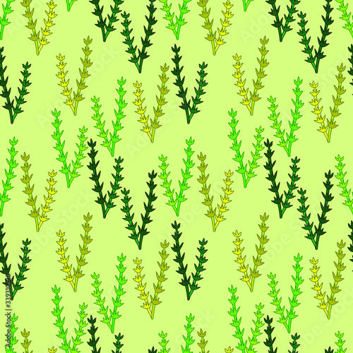 Green and yellow seaweed on light-yellow background: abstract floral seamless pattern. Vector graphics.