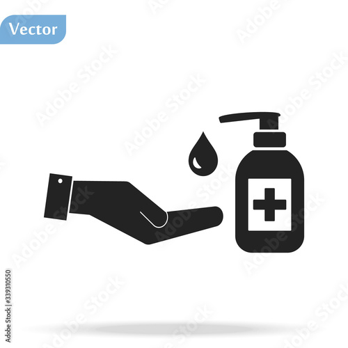 Disinfection. Hand sanitizer bottle icon, washing gel. Black silhouette. Vector illustration eps10