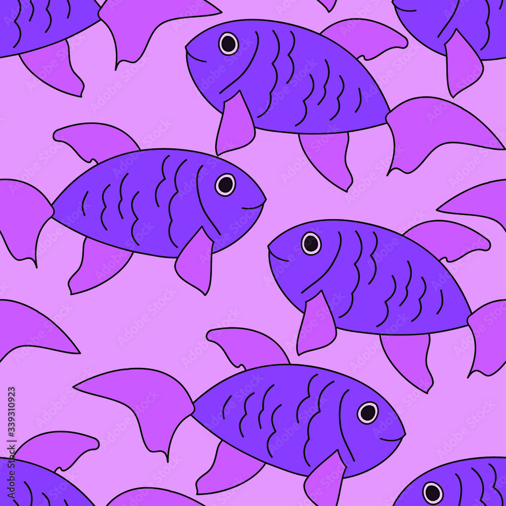 Fototapeta premium Blue-purple cartoon fish on purple background: aquarium seamless pattern. Vector graphics.