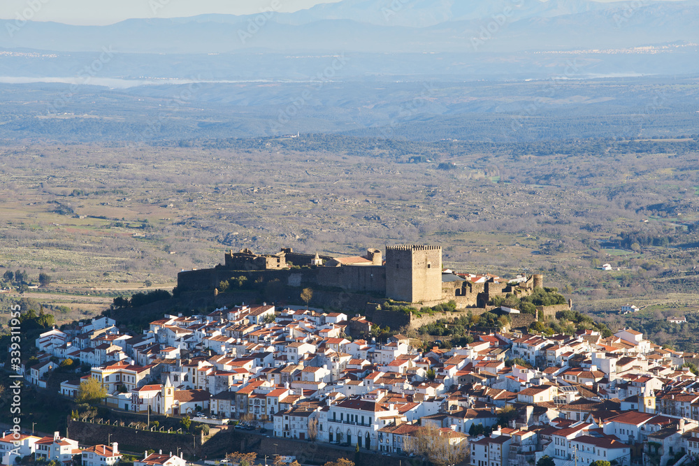 Castelo de Vide castle in Alentejo, Portugal from Serra de Sao Mamede mountains