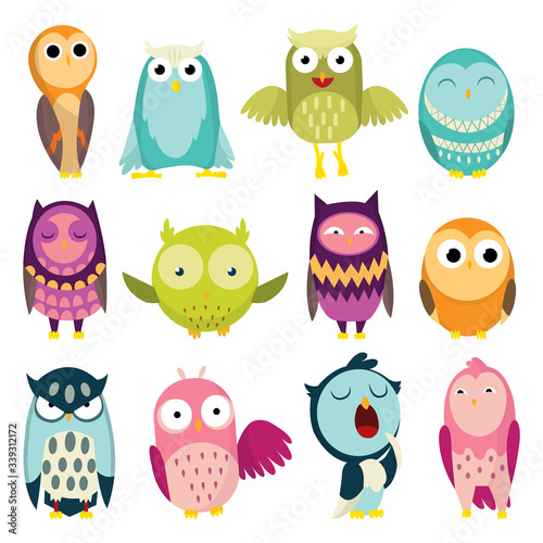 Vector illustration of colorful cartoon funny owls set on white background. Happy and joyful birds set in flat style. Isolated children cartoon illustration, for print or stickers © designer_things