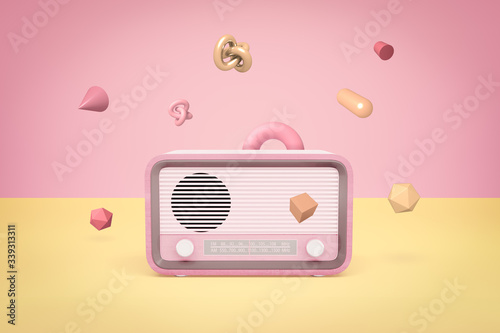 3d rendering of old radio set with random objects on pink background