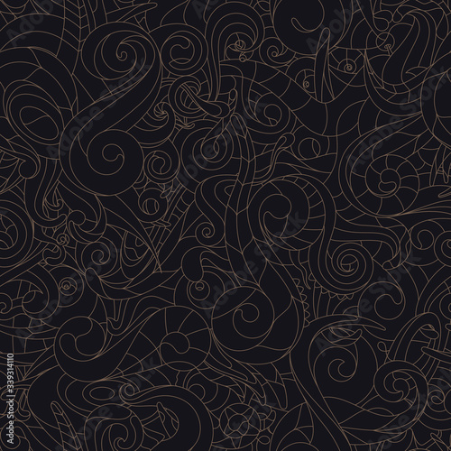 Vector line abstract twisted seamless texture. Natural motives. Black backround.