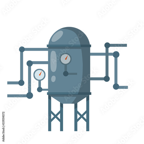 Boiler for heating water. Sanitary engineering. Cartoon flat illustration. Element of house, bath and toilet system. Grey tank with pipes and dial