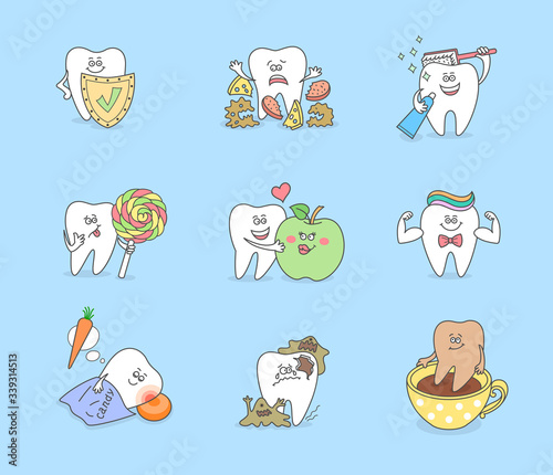 Set, collection of dental illustrations. Cartoon tooth with different objects: shield, food, brush, candy, apple, muscles, carrot, coffee, bacteria. Oral health, teeth care icons for dentistry.
