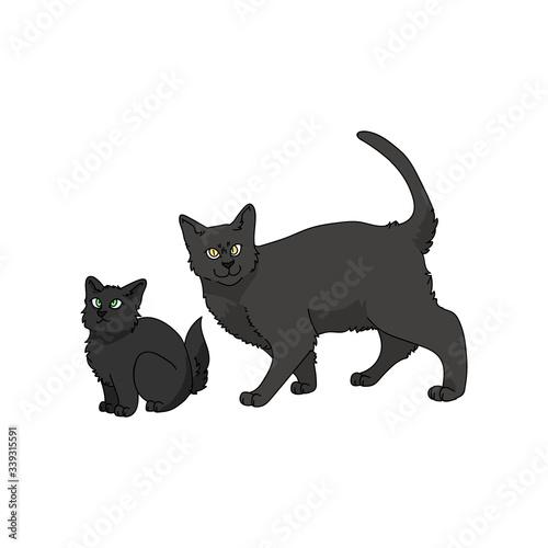 Cute cartoon Bombay kitten and cat vector clipart. Pedigree kitty breed for cat lovers. Purebred black domestic kitten for pet parlor illustration mascot. Isolated feline housecat. EPS 10.